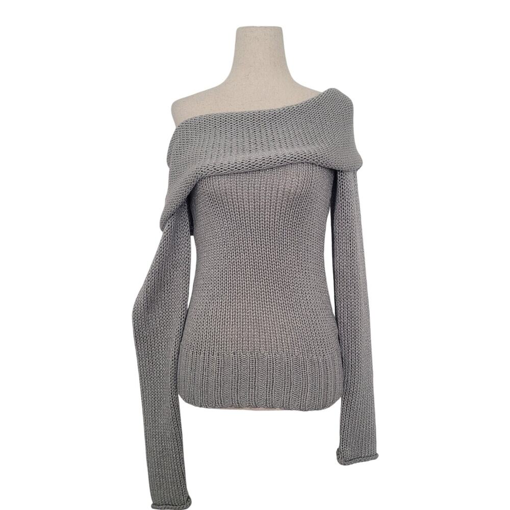 Vintage Y2K Bebe Off Shoulder Chunky Knit Glitter Top Size M Gray Indie Sleaze